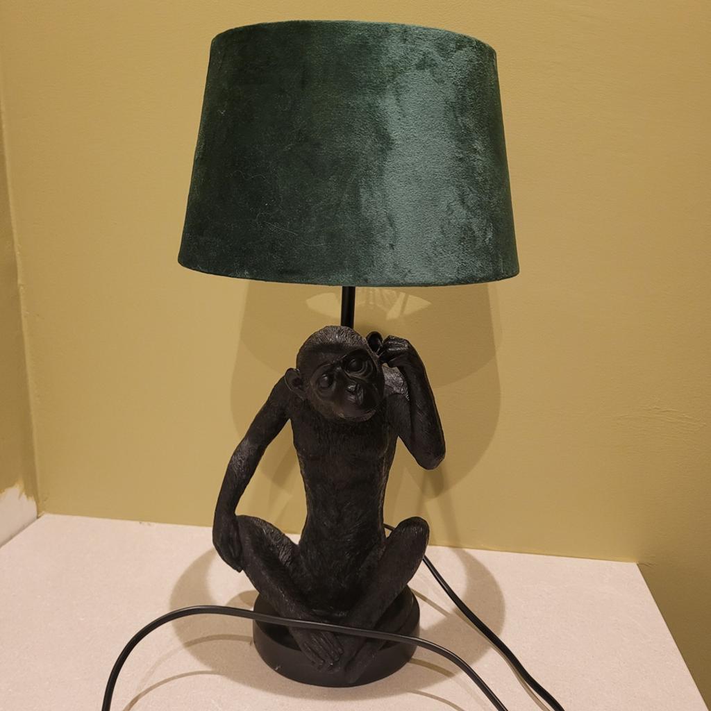 Leuke "apen" - lamp met fluwelen groene lampenkap, Ophalen, Zo goed als nieuw, Vintage