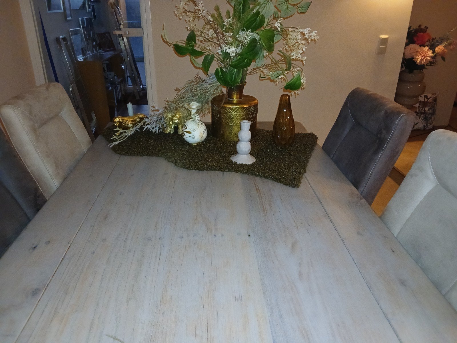 Robuuste eettafel met X-poten en  6 stoelen, Huis en Inrichting, Eikenhout, 200 cm of meer, Zo goed als nieuw, Vijf personen of meer