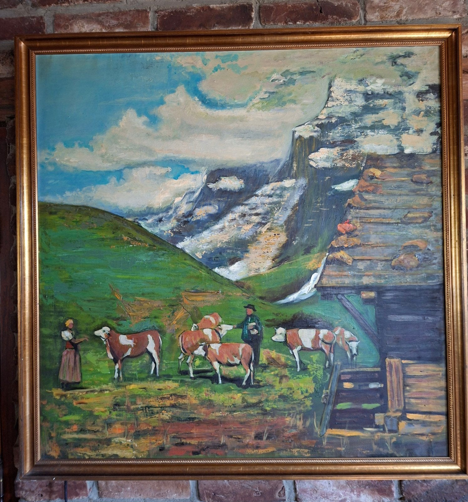 Olieverfschilderij Alpenlandschap met koeien en figuren, Antiek en Kunst, Ophalen, Handgeschilderd, Doek, Realistisch