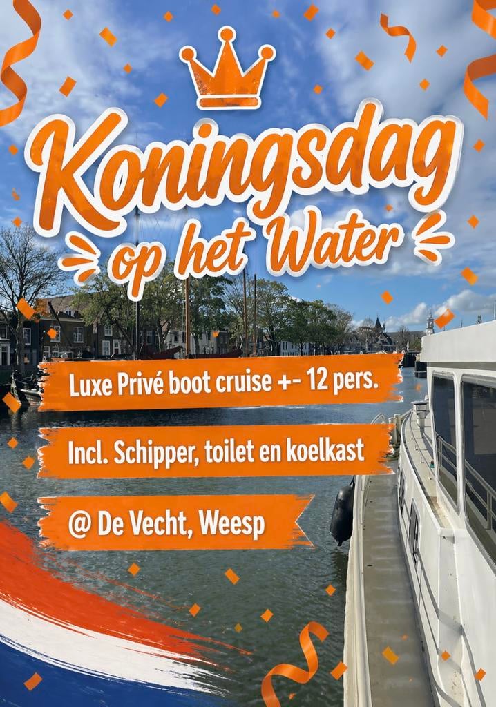 Privé boot huren Koningsdag varen Weesp (incl. Schipper), Watersport en Boten, Sloepen, Zo goed als nieuw, Polyester, Ophalen of Verzenden