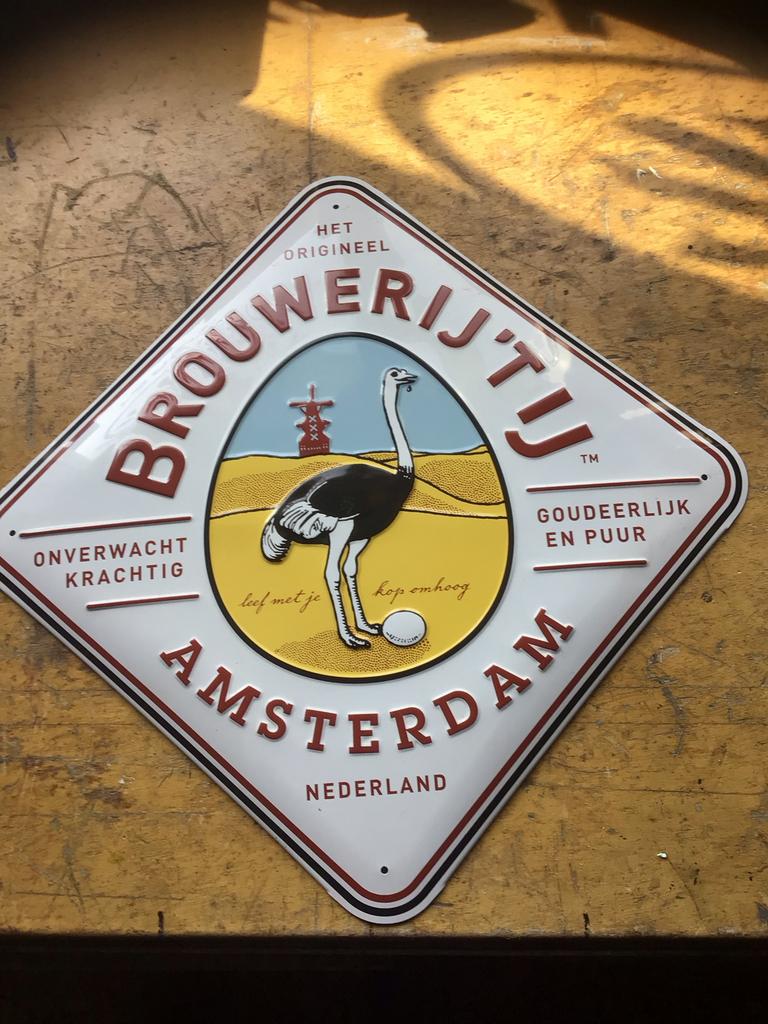 Brouwerij 't IJ Reclamebord - Struisvogel, Verzamelen, Merken en Reclamevoorwerpen, Zo goed als nieuw, Reclamebord, Ophalen of Verzenden