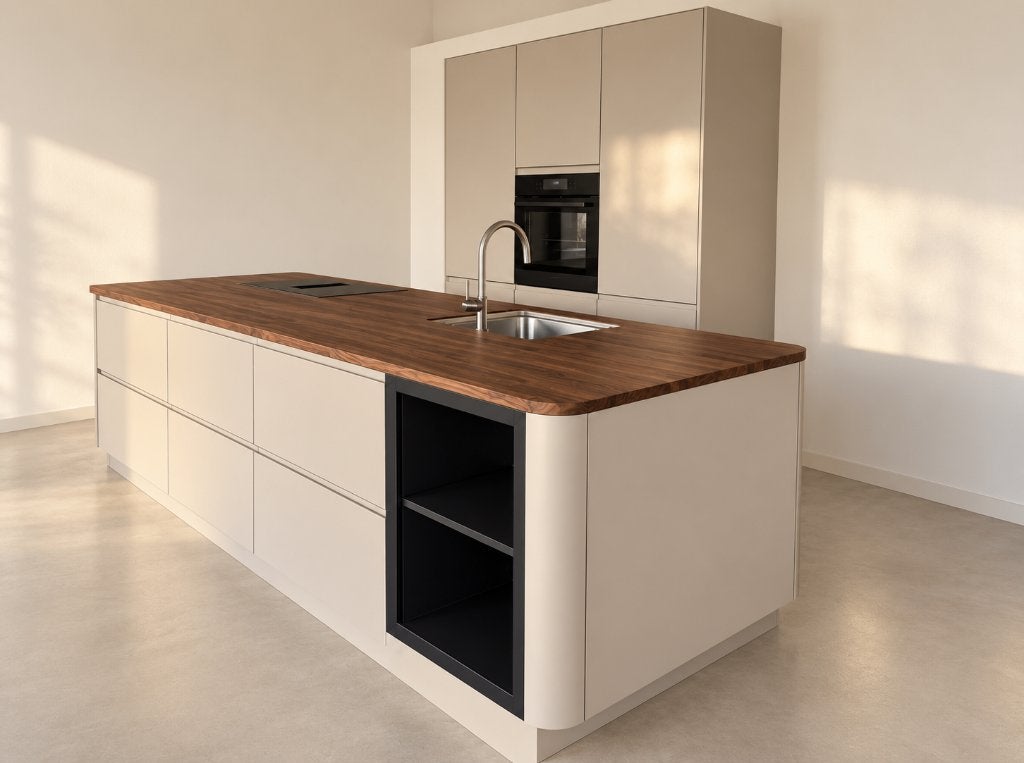 KVIK Compose keukeneiland + kastenwand - walnootblad - beige, Overige kleuren, Nieuw, Enkelwandige keuken, Ophalen of Verzenden