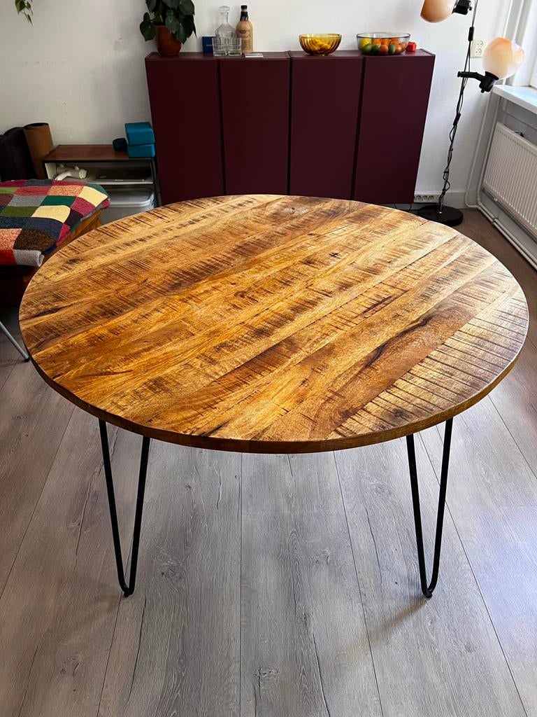 Ronde eettafel 120 cm – massief hout & zwart staal, Huis en Inrichting, Tafels | Eettafels, Ophalen, Rond, Zo goed als nieuw, Vijf personen of meer