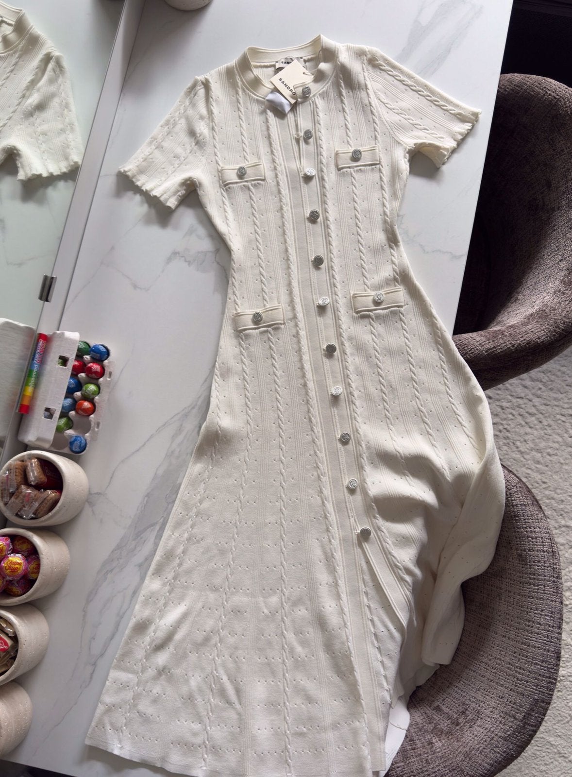 Sandro Knit Dress Cream Long Fitted Button-Up Cable Knit, Kleding | Dames, Ophalen of Verzenden, Nieuw, Maat 36 (S), Wit