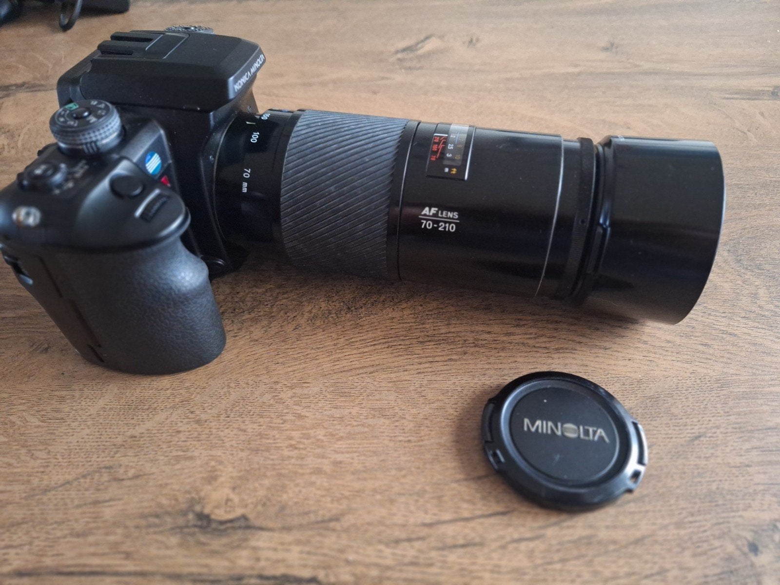 MINOLTA DYNAX 7D, BEERCAN 70-210mm, BATTERY GRIP, Gebruikt, Zonnekap, Telelens, Ophalen of Verzenden