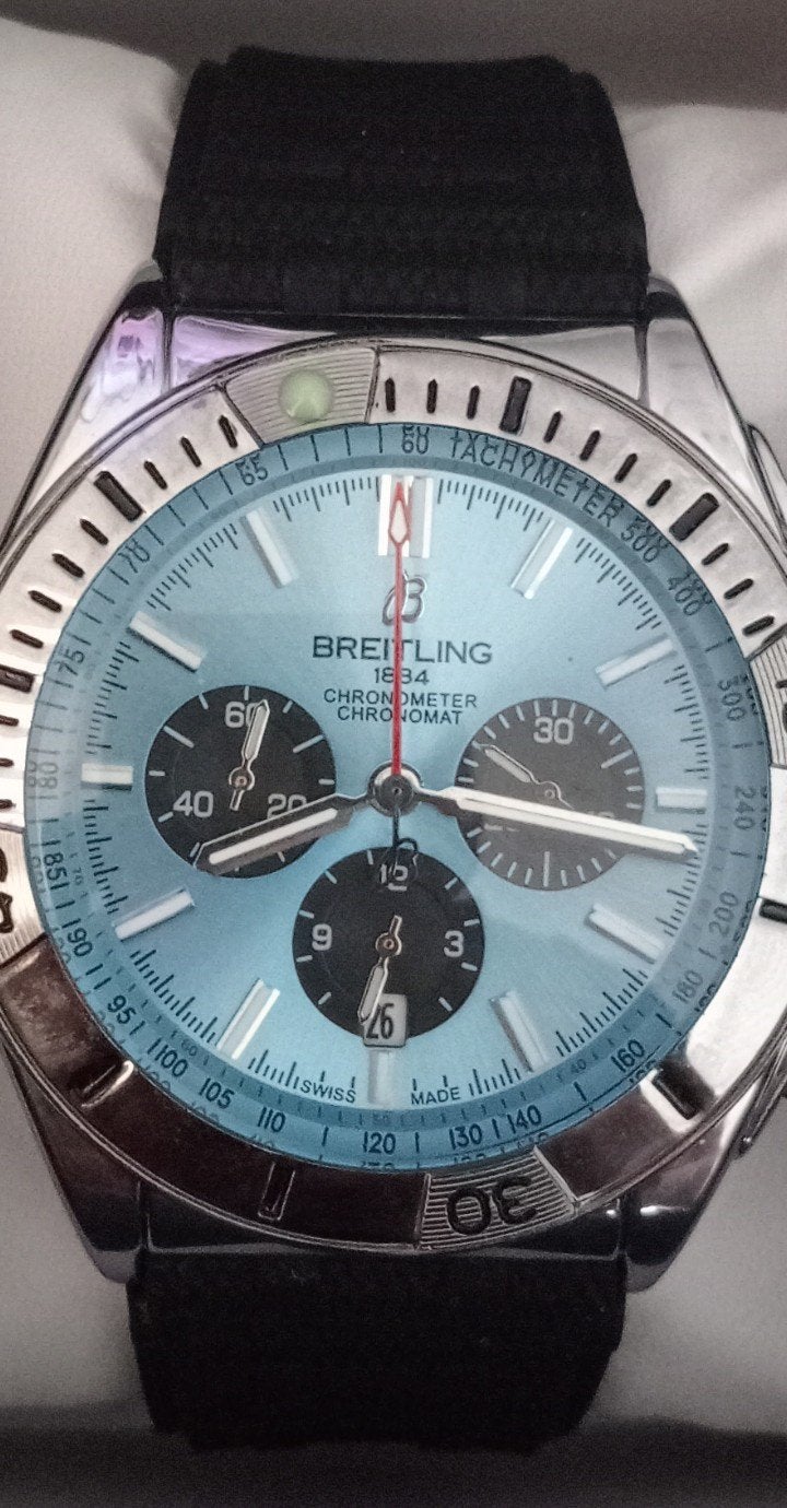 Breitling Ice-Bleu Chronomat 1884 met Zwarte Rubberen Band, Sieraden, Tassen en Uiterlijk, Horloges | Heren, Gebruikt, Staal, Breitling