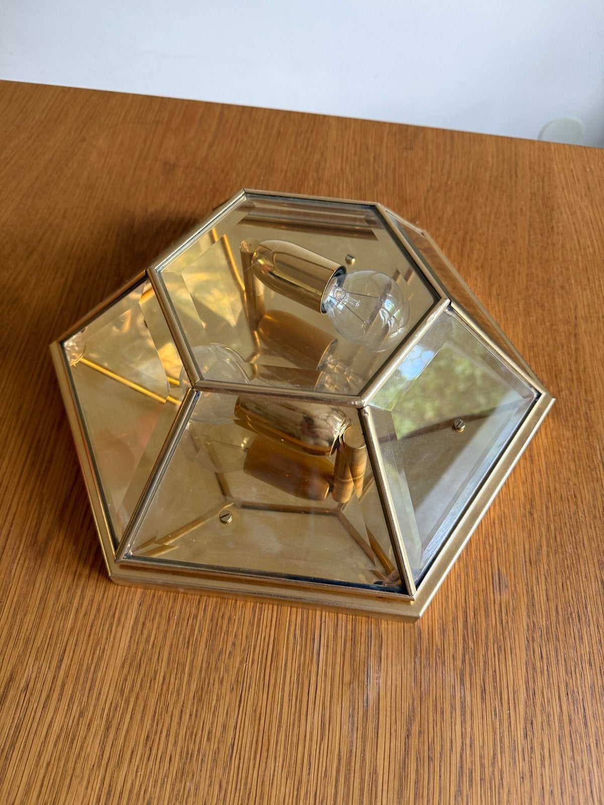Vintage hexagonale Hollywood Regency wandlamp - goud design, E14 (klein), Ophalen of Verzenden, Zo goed als nieuw, Inclusief lichtbron