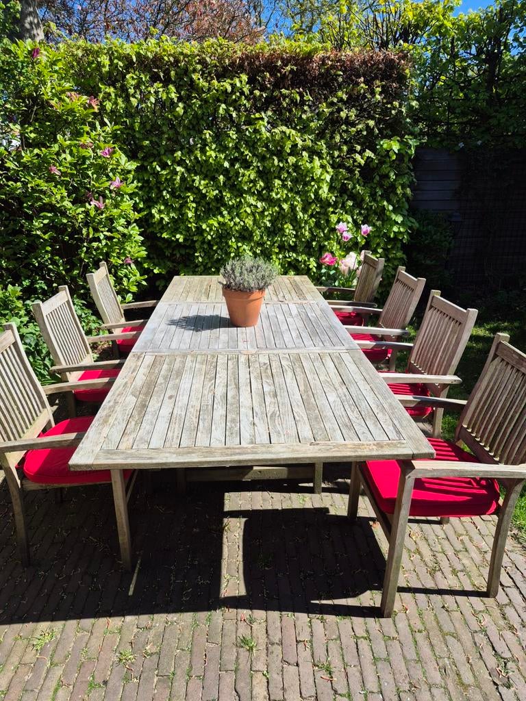 Teak tuinset met uitschuifbare tafel, 6 stoelen + reserve, Ophalen, Gebruikt, 6 zitplaatsen, Teakhout