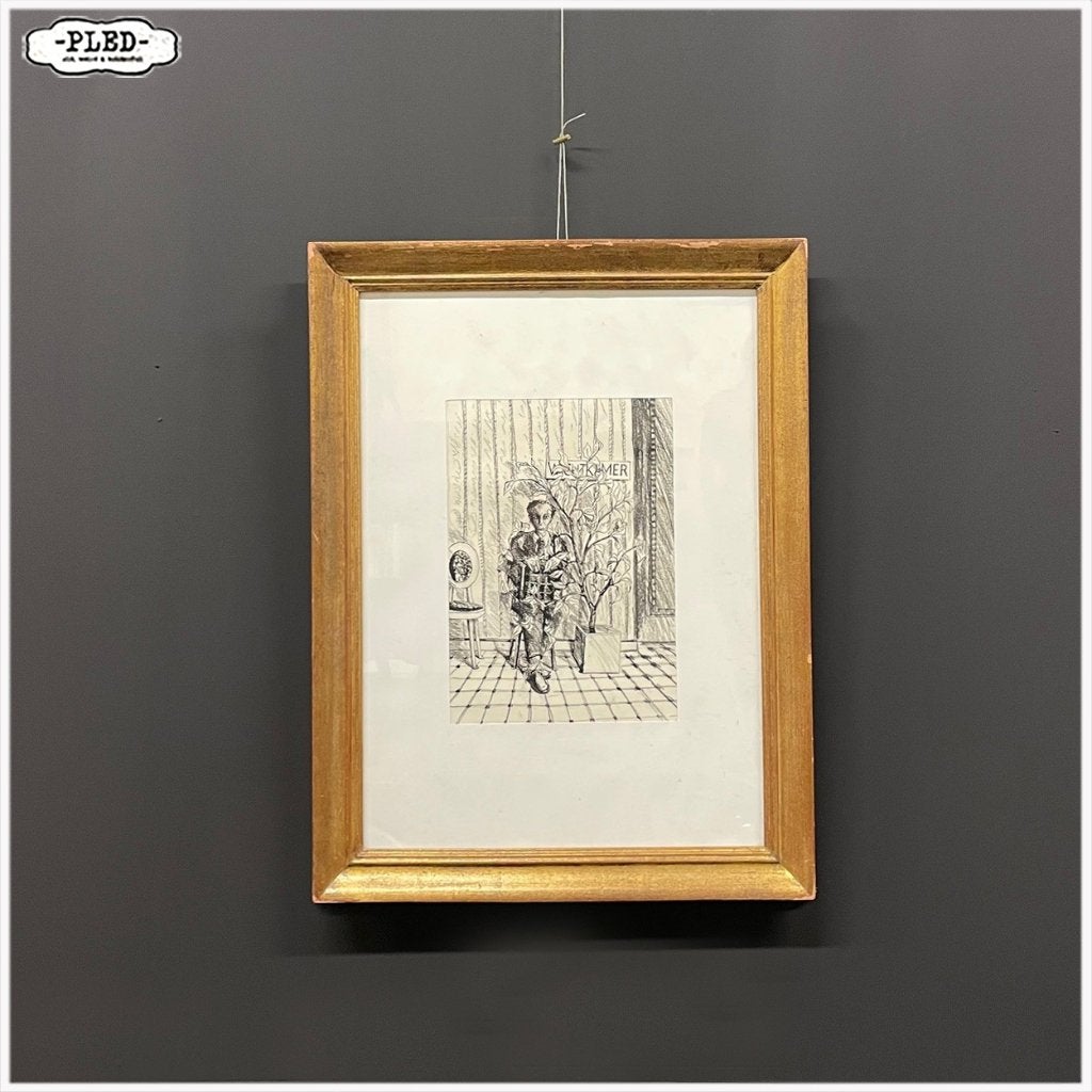 Humoristische tekening in lijst / houtskool / wachtkamer, Antiek en Kunst, Kunst | Tekeningen en Foto's, Ophalen of Verzenden