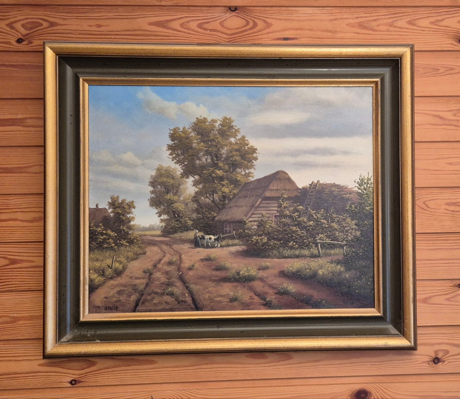 Olieverfschilderij Landschap met boerderij en koeien, Antiek en Kunst, Ophalen, Doek, Realistisch, Landschap