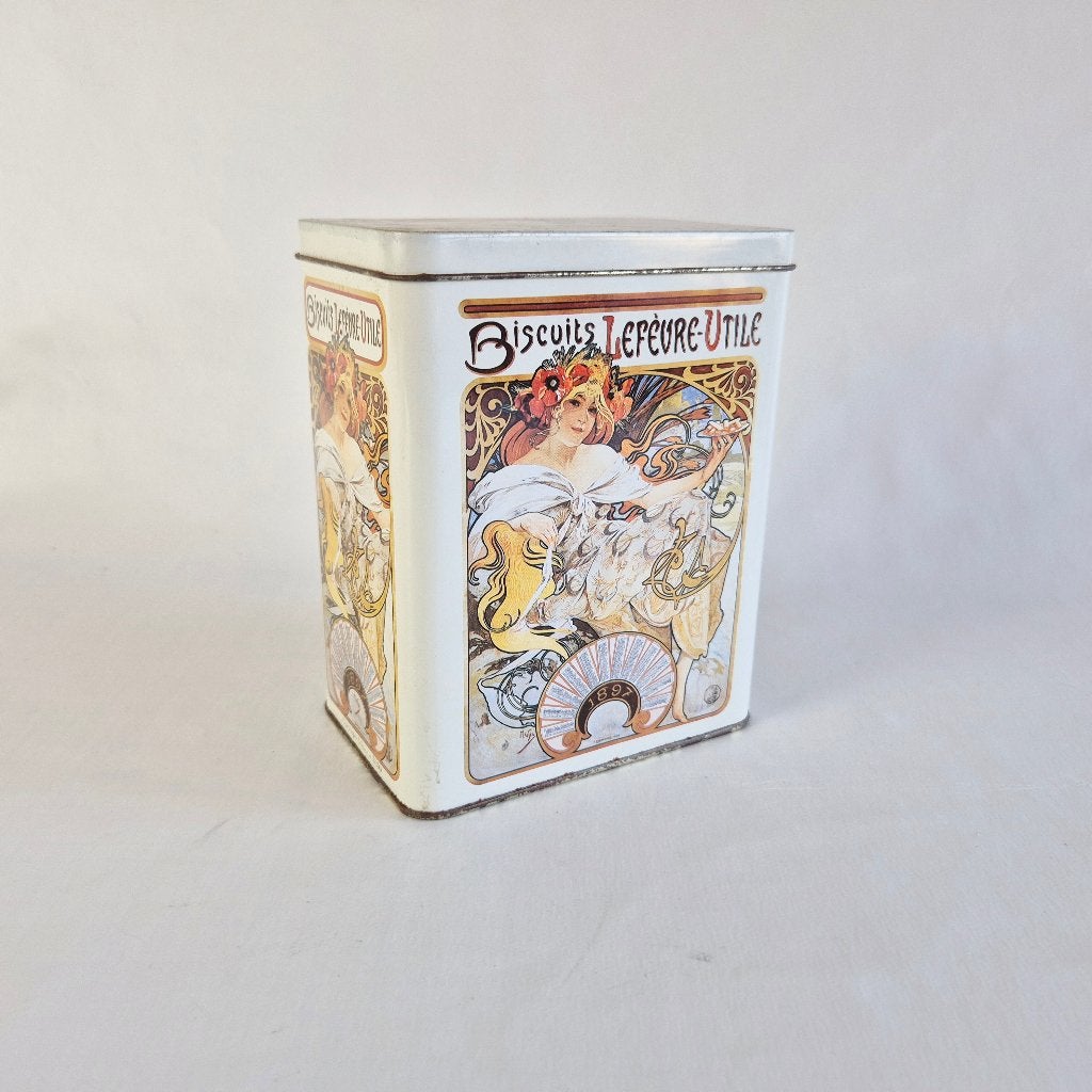 Vintage "Biscuits Lefèvre-Utile" Koektrommel Alphonse Mucha, Verzenden, Gebruikt, Koek(jes)