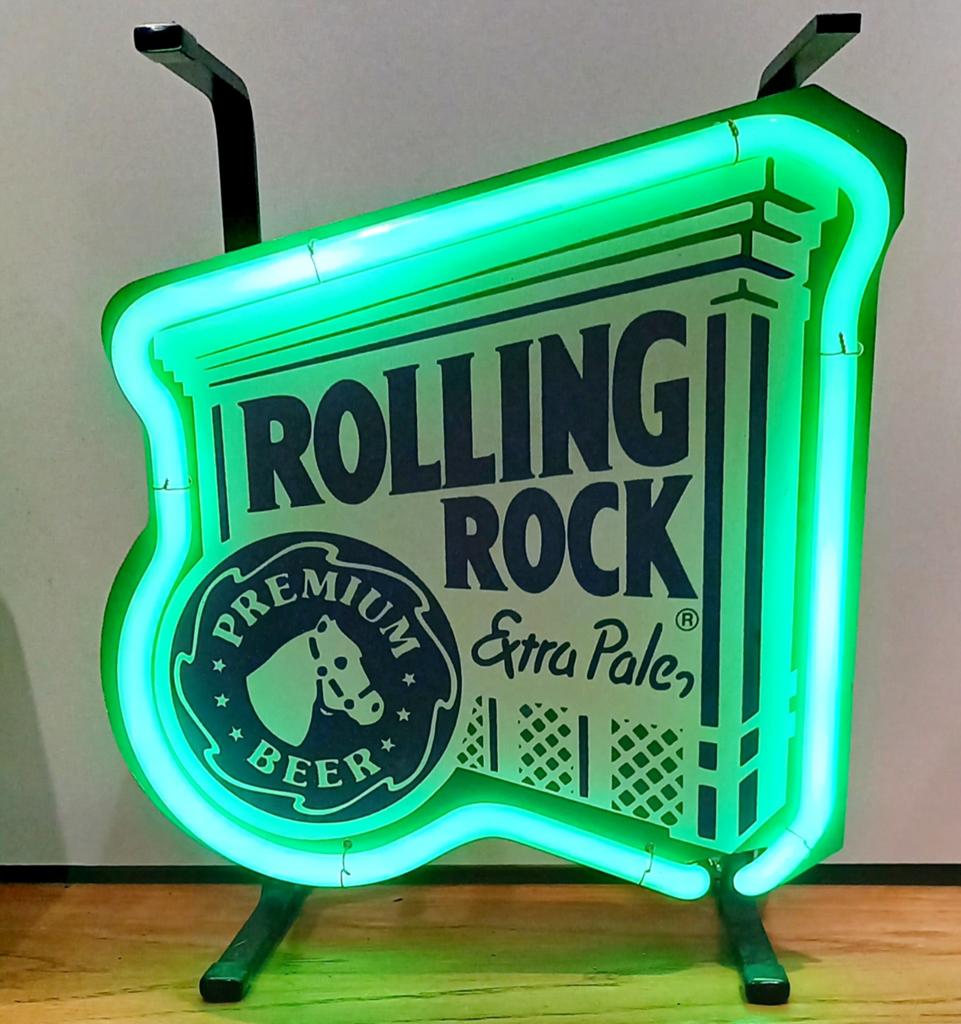 Vintage, neon lichtreclame Rolling Rock premium bier, Ophalen, Gebruikt, Reclamebord, Plaat of Schild, Overige merken