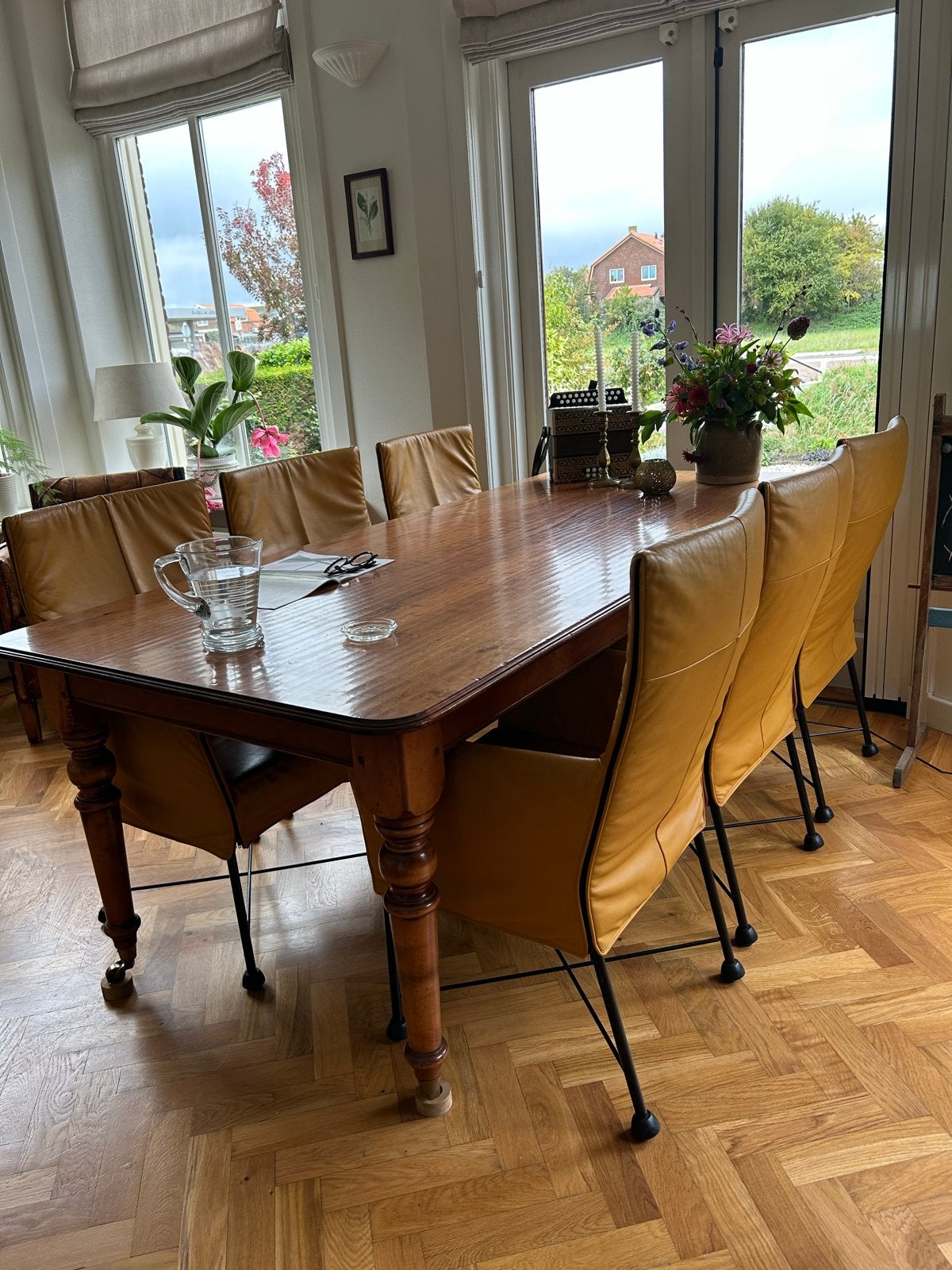 Set van 6 Montis eetkamerstoelen in geel leer, Gebruikt, Overige kleuren, Leer, Ophalen of Verzenden