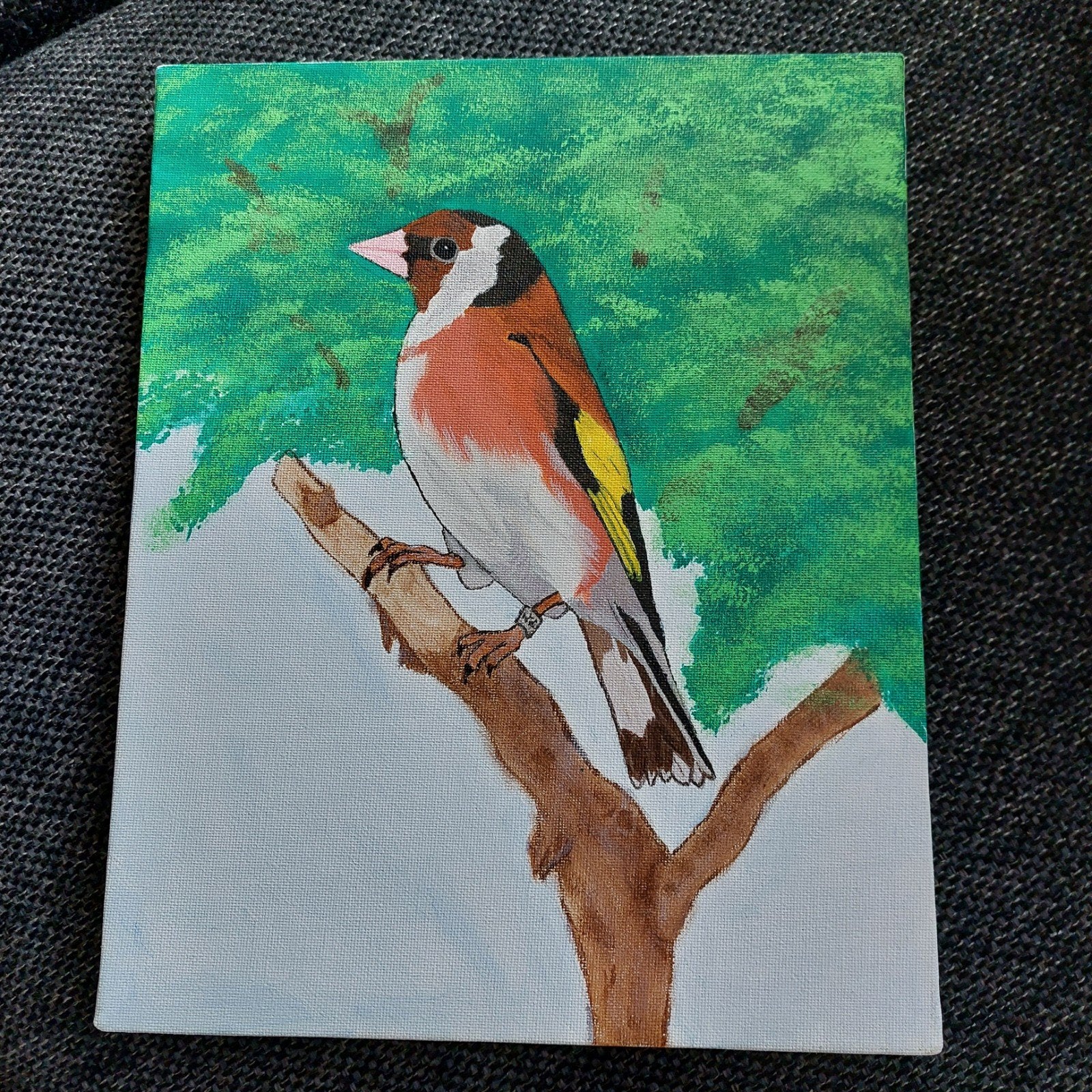 Handgeschilderd schilderij: putter op tak, Ophalen of Verzenden