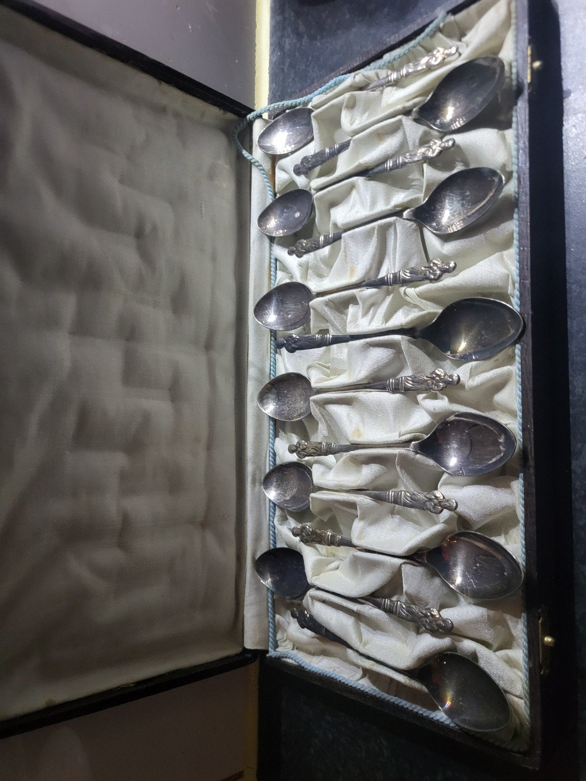 Mooie oude verzilverde apostellepeltjes in doos, Ophalen of Verzenden