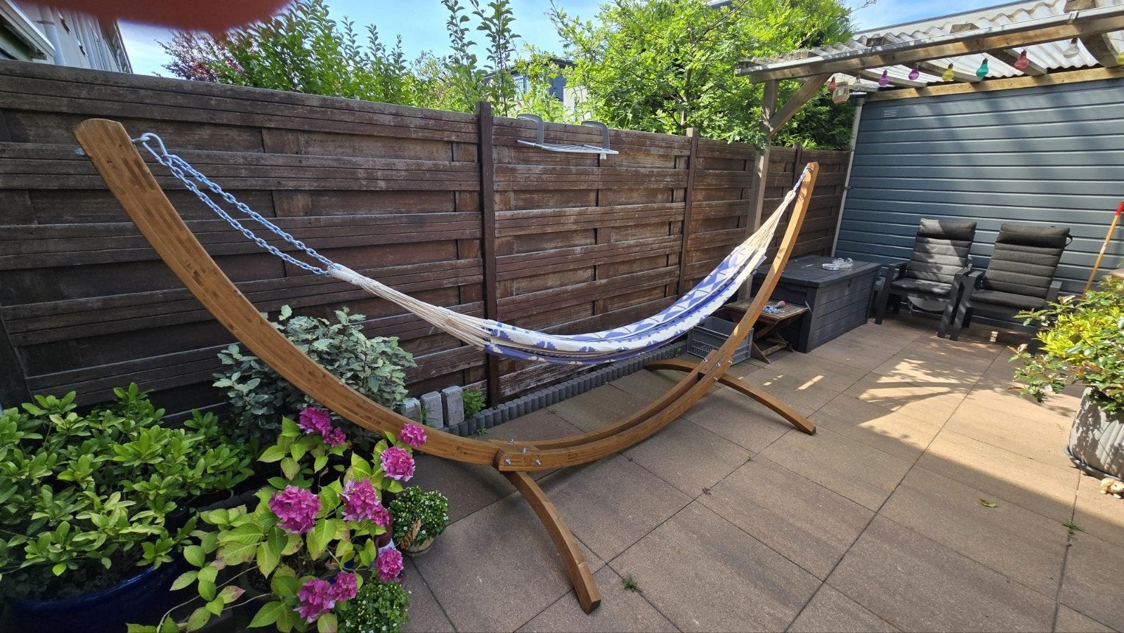 Luilak hangmat met standaard tweepersoons., Tuin en Terras, Ophalen, Meerpersoons, Zo goed als nieuw, Met standaard
