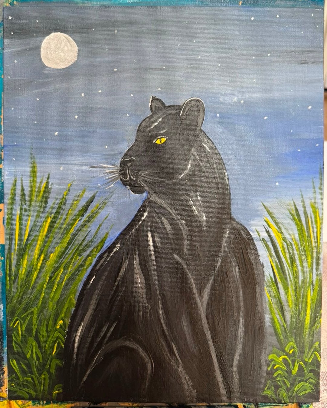 Zwarte Panter onder de Maan - Acryl op doek, Acrylverf, Hout, Handgeschilderd, Ophalen of Verzenden