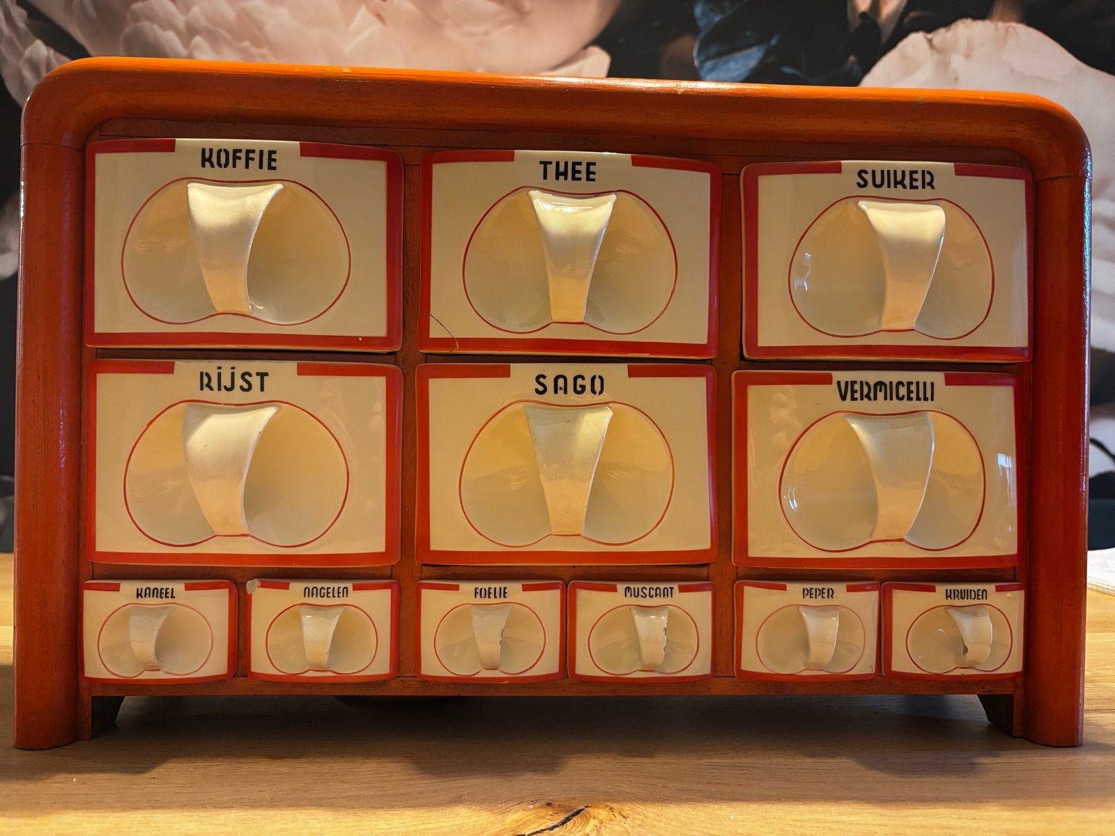 Vintage kruidenrek met 12 porseleinen lades, Antiek en Kunst, Antiek | Keukenbenodigdheden, Ophalen