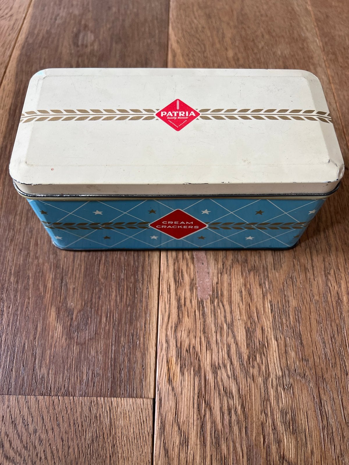 Vintage Patria Cream Crackers blik - Blauw/Wit, Verzamelen, Blikken, Ophalen of Verzenden, Gebruikt, Koek(jes), Overige merken