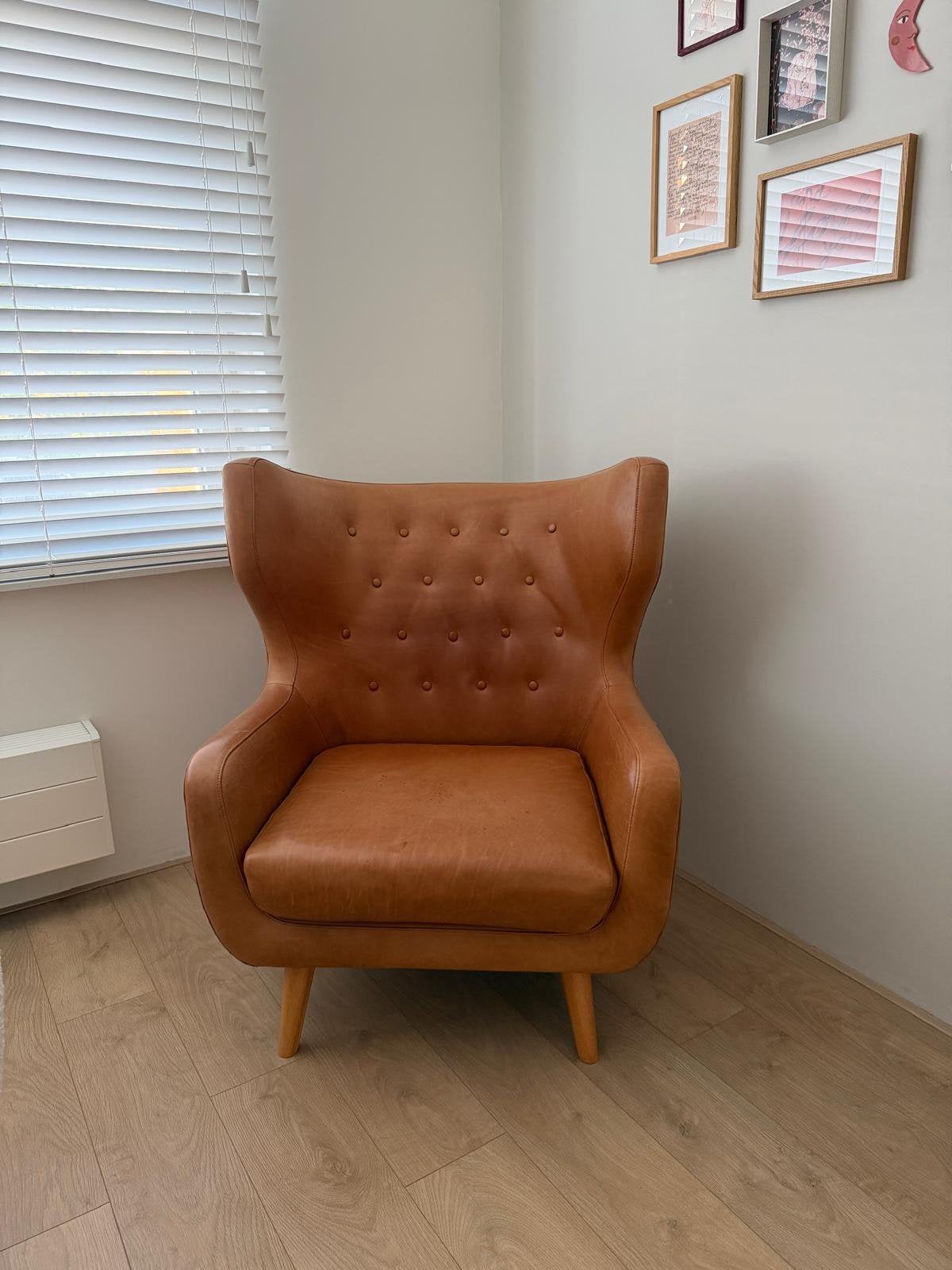 Design fauteuil – Cognac leer – Sofa Company, Ophalen, Zo goed als nieuw, 50 tot 75 cm, Leer