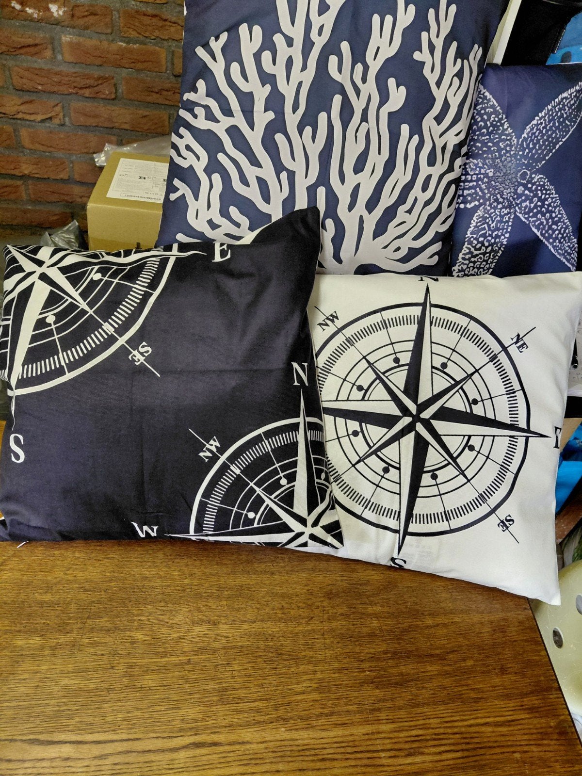 Nautische Sierkussens met Kompasroos - Set van 2, Meerkleurig, Met print, Vierkant, Nieuw