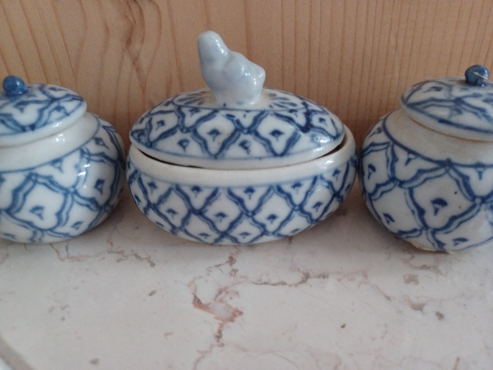 3 Thaise potjes met deksel   blauw wit decor, Ophalen of Verzenden
