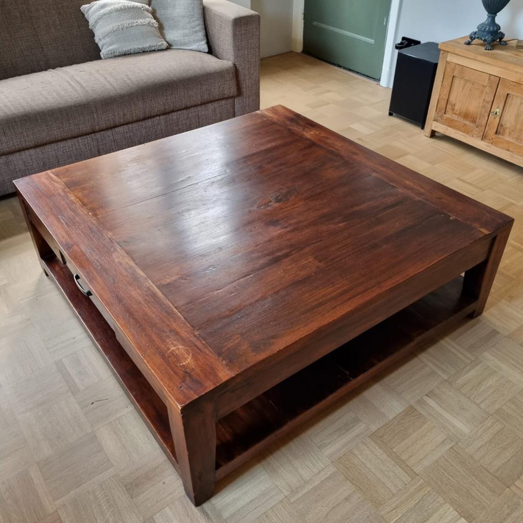 Salontafel vierkant met laatje, teakhout 120x120x40cm, Ophalen, Gebruikt, Barok strak modern koloniaal antiek, Minder dan 50 cm