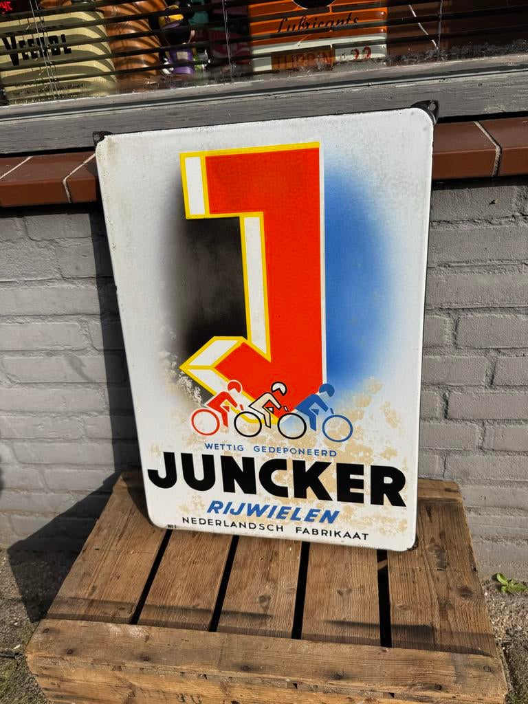 Vintage Juncker Rijwielen Emaille Reclamebord, Ophalen