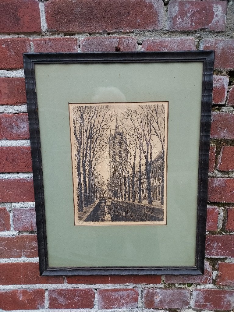Antieke ets, Oude kerk te Delft., Antiek en Kunst, Ingelijst, 44 cm, 34 cm, Ets