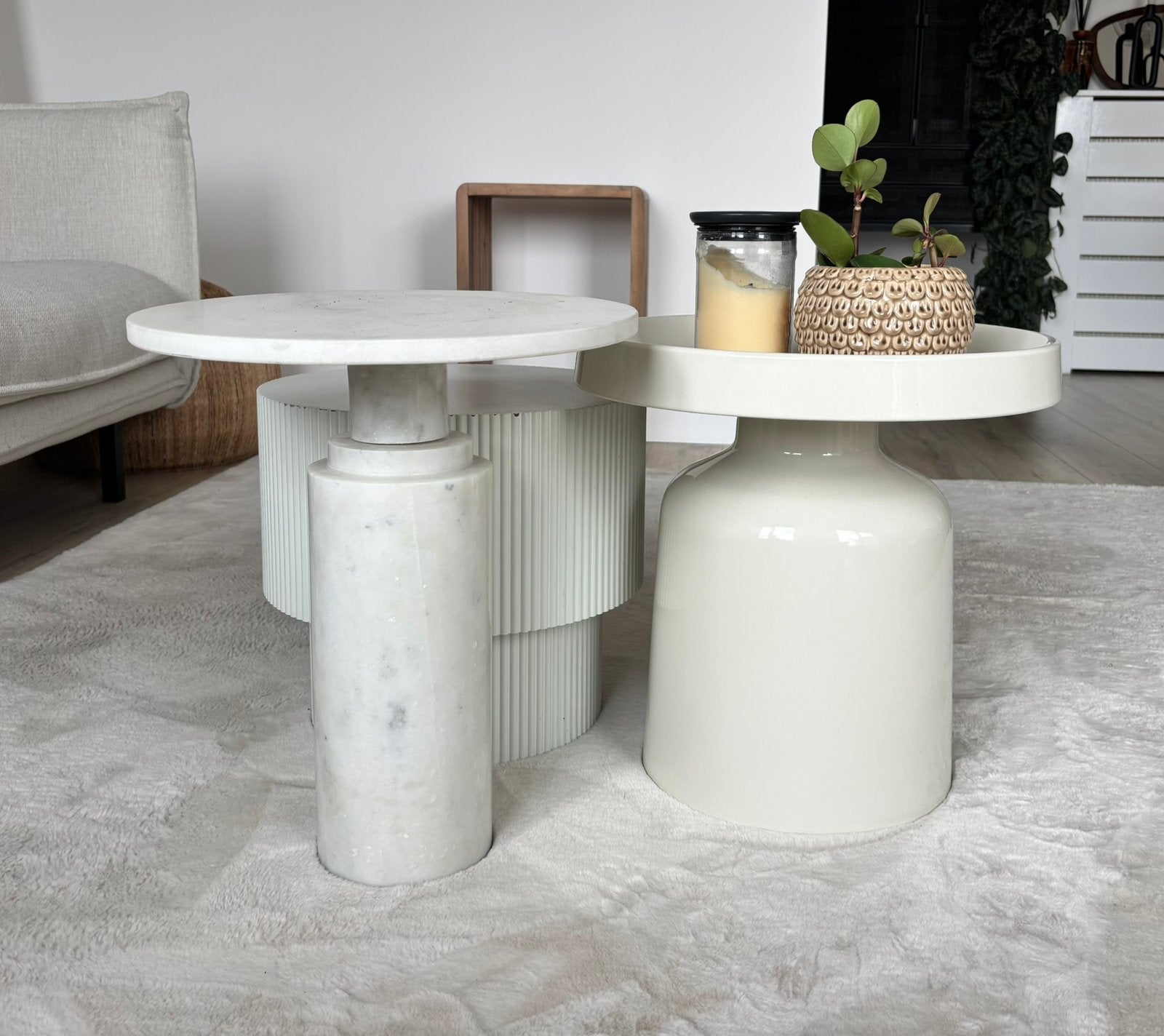 Bijzettafel, salontafel set 3 stuks beige, creme, Ophalen, Rond, Minder dan 55 cm, 45 tot 60 cm
