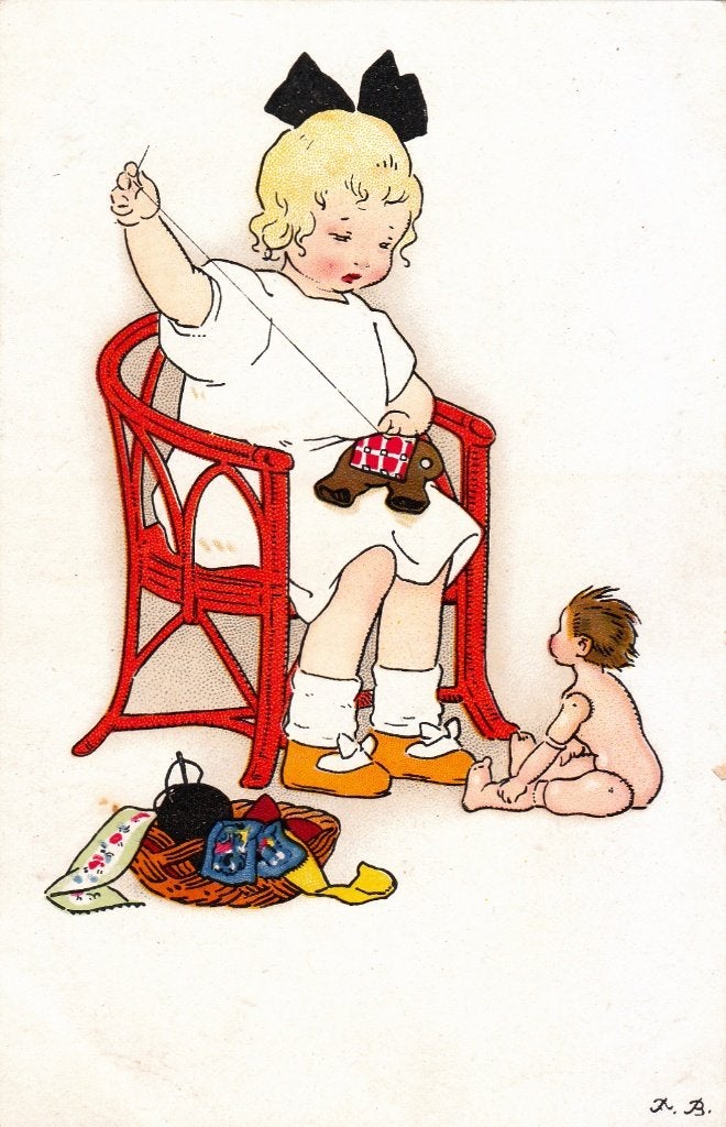 Fritz Baumgarten Meisje naait voor haar pop, Ophalen of Verzenden, 1920 tot 1940, Gelopen, Kinderen