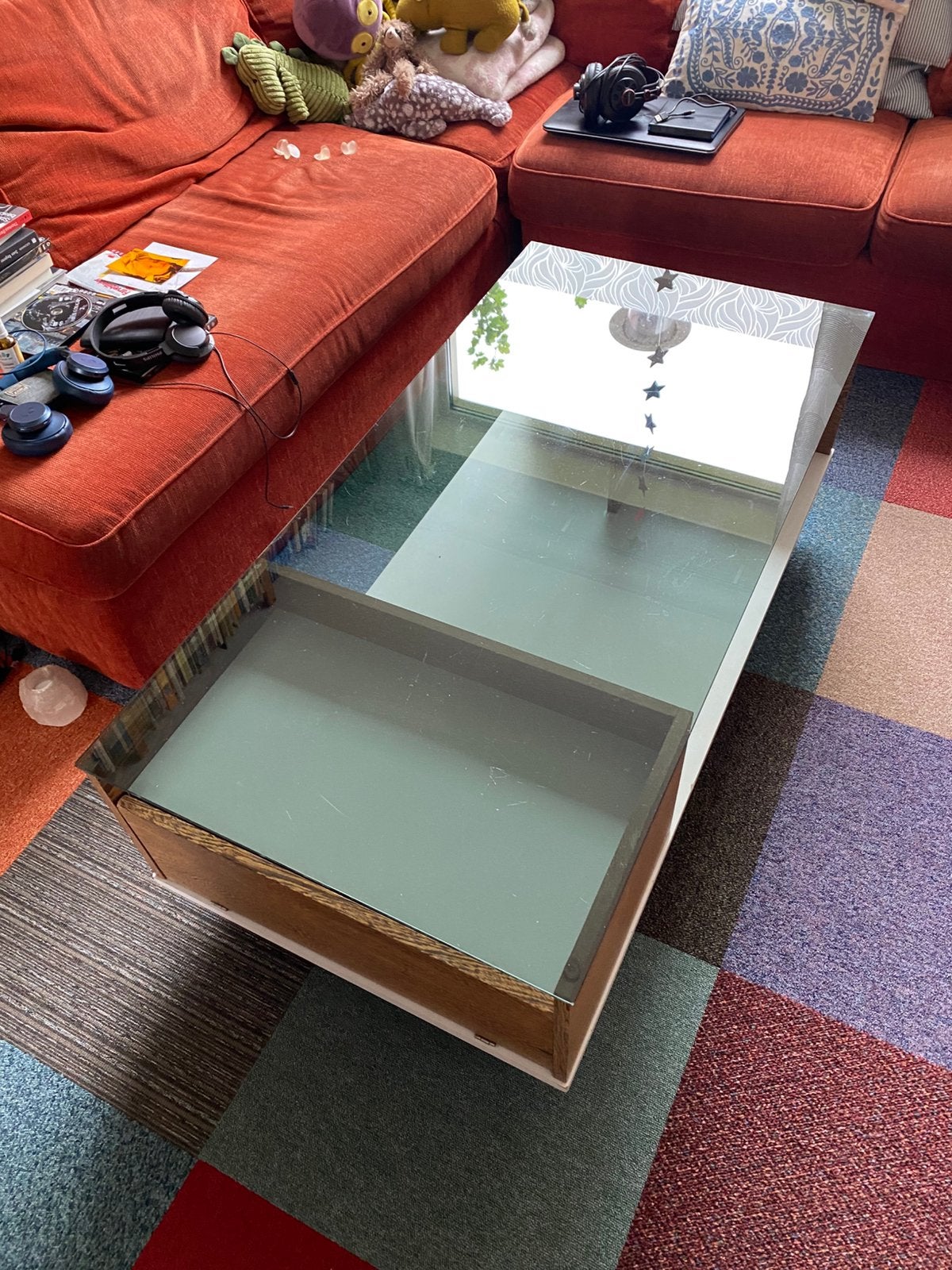 Spaceage vintage jaren 60 70 design rookglas salontafel, Ophalen, 100 tot 150 cm, 50 tot 100 cm, Zo goed als nieuw