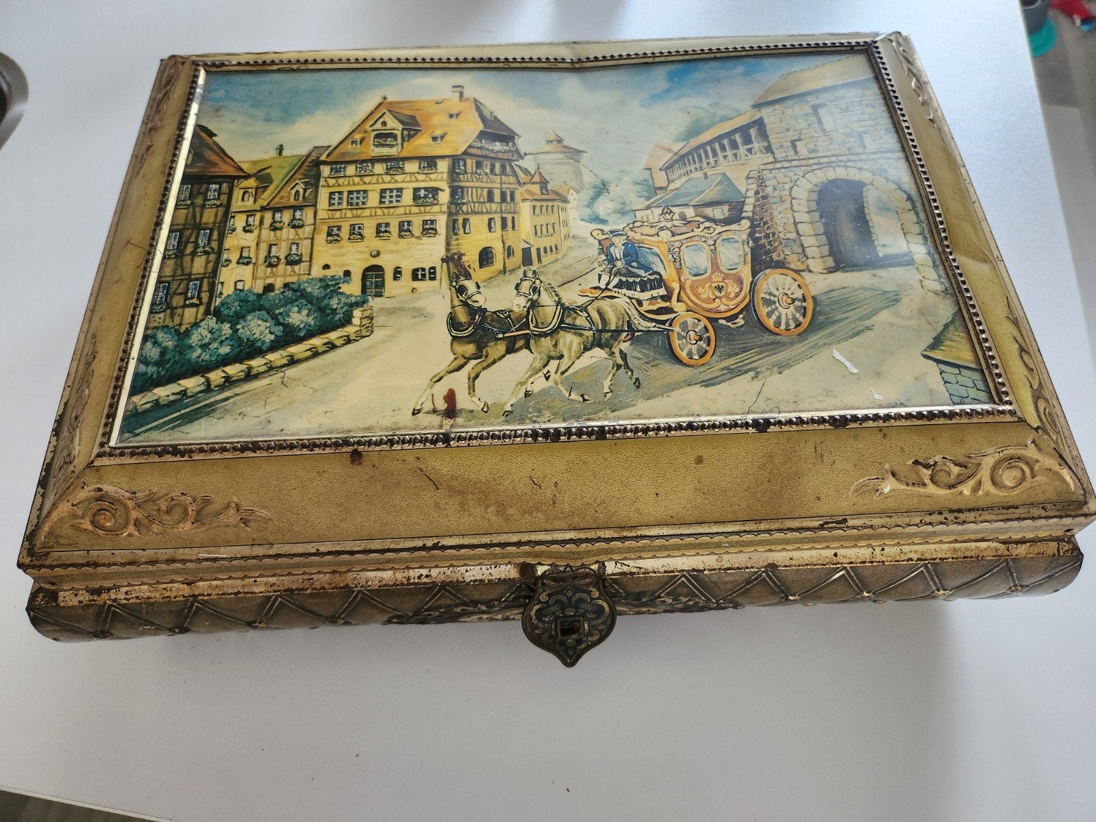 Grote blikken koekjestrommel met afbeelding, gebruikt, Ophalen of Verzenden