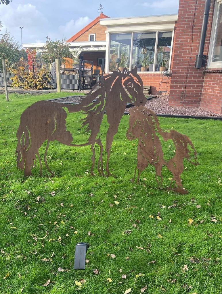 Cortenstaal tuinornament Shetlandpony met veulen, Dierenbeeld, Mijn Staal, Nieuw, Ophalen of Verzenden