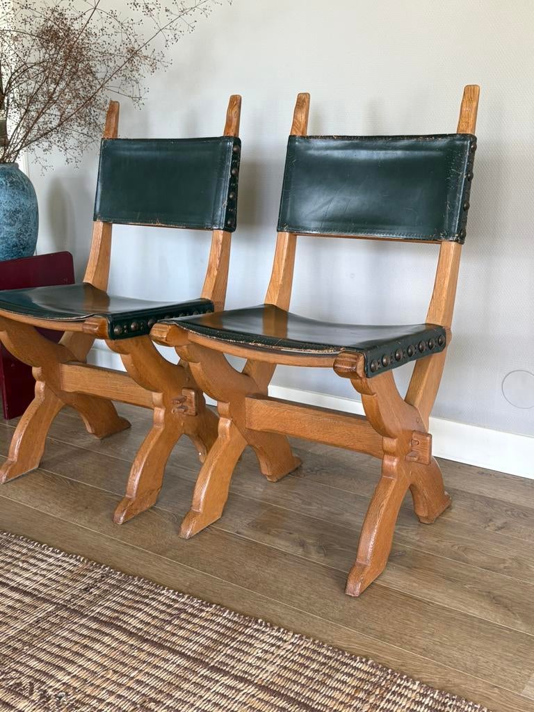 Vintage set Bram Sprij stoelen eiken & leer, Huis en Inrichting, Stoelen, Zo goed als nieuw, Twee, Hout, Leer, Bruin, Ophalen