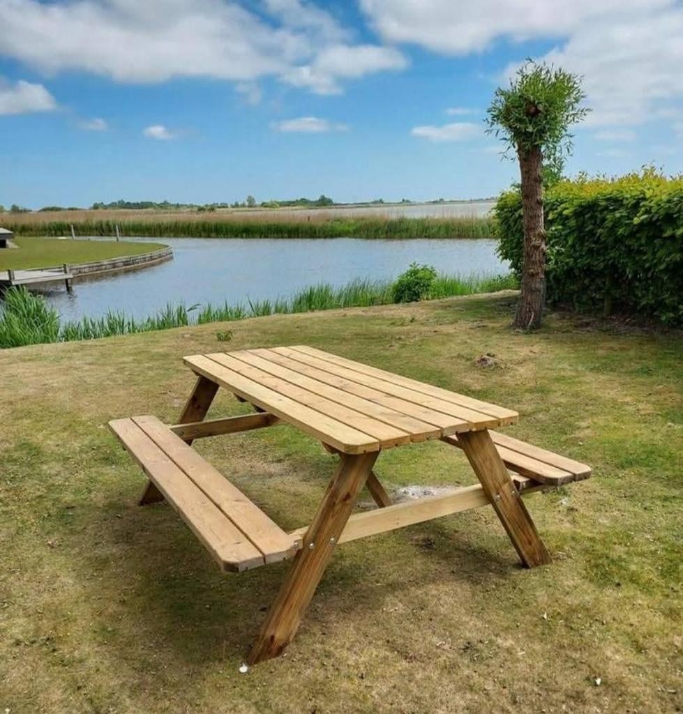 Nieuwe picknicktafel met opklap-banken., Tuin en Terras, Picknicktafels, Ophalen, Nieuw, Rechthoekig, Hout