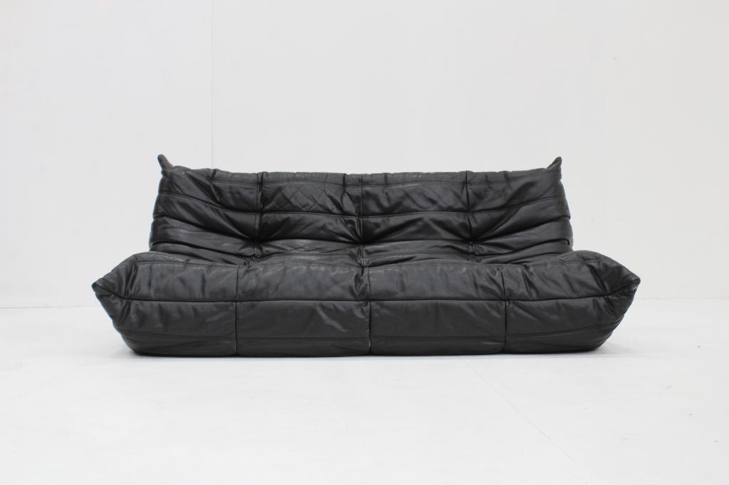 Vintage Togo Ligne Roset 3-zits sofa  zwart leer 1990s, Vintage, design, 150 tot 200 cm, Driepersoons, Ophalen of Verzenden