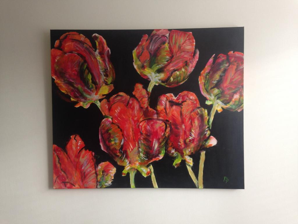 Mooi schilderij "6 rode bloemen" van Jan Packbier., Ophalen