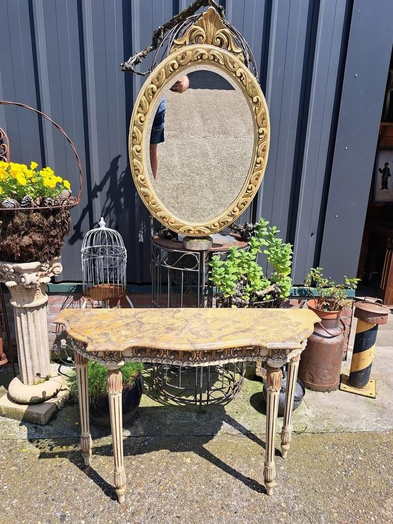 Antieke console, sidetable, wandtafel met bijbehorende spieg