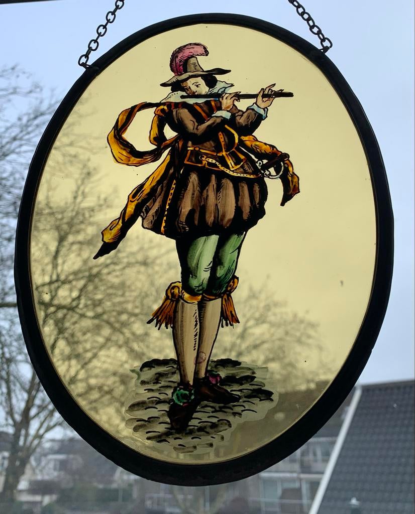 Gebrandschilderde Raamhanger - De Fluitist, Antiek en Kunst, Curiosa en Brocante, Ophalen of Verzenden