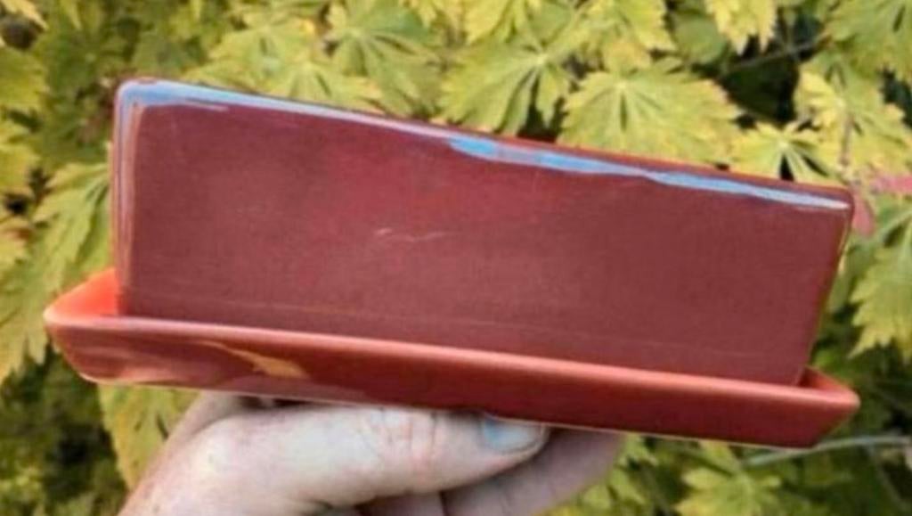 Bonsai schaal + onderzetter Bordeaux geglazuurd 16x10,8x5,2, Tuin en Terras, Ophalen of Verzenden, Zo goed als nieuw, Aardewerk