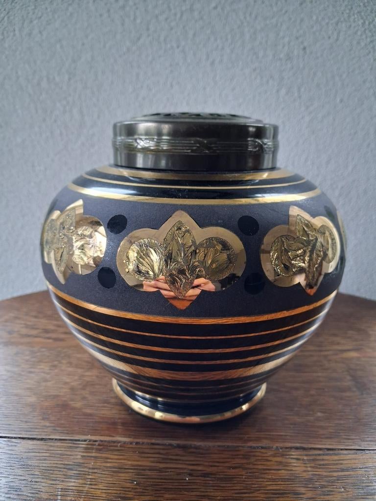 Art Deco vergulde zwarte glazen bloemsteker / vaas, Ophalen of Verzenden
