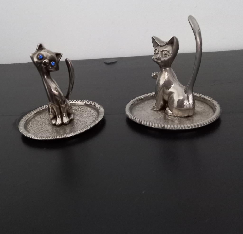 Vintage kattenbeeldjes verzilverd / ringenhouder 1950-1960, Verzamelen, Ophalen of Verzenden, Gebruikt, Dier