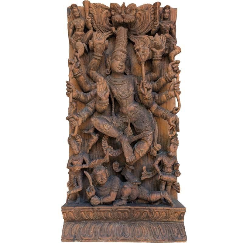Zuid-Indiaas houten paneel, voorstelling van Durga LOT 195, Ophalen of Verzenden, Gebruikt