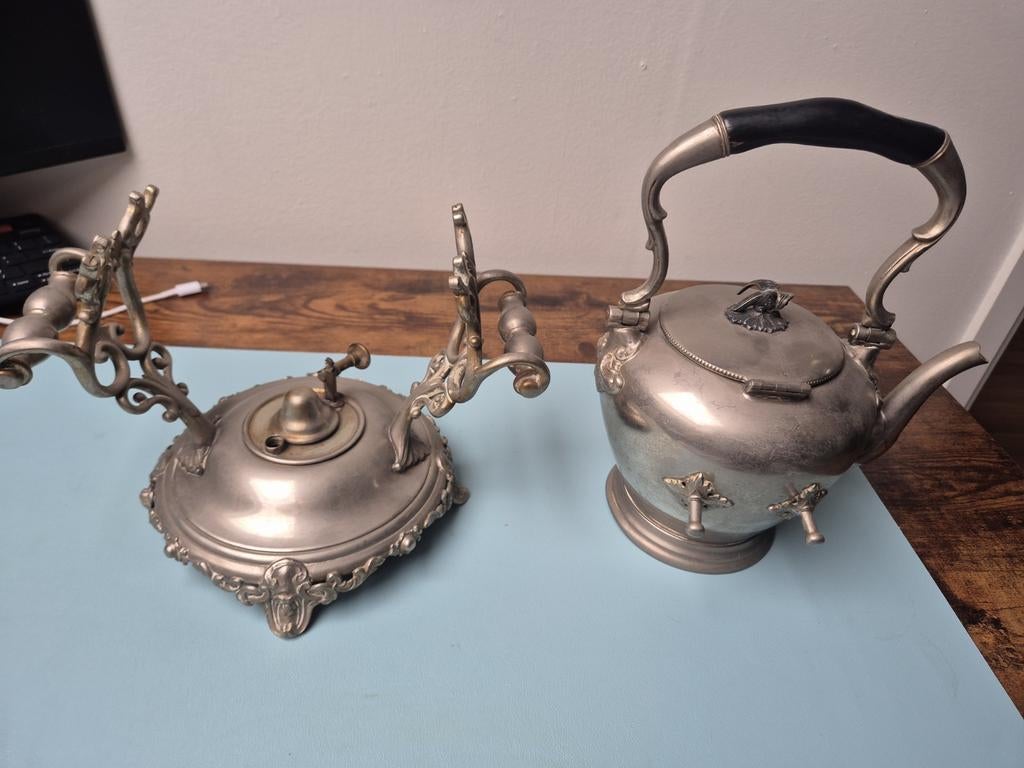 Antieke tinnen theeketel met rechaud – J.W. van Buuren Den H, Ophalen of Verzenden