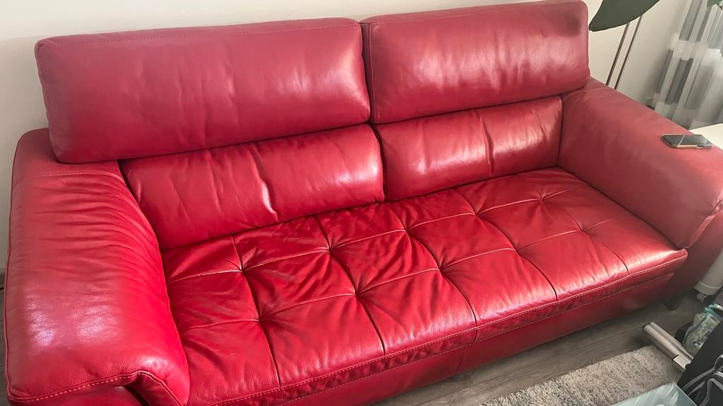 Comfortabele rode leren bank - 2 zits Eijerkamp, Ophalen, 150 tot 200 cm, Tweepersoons, Zo goed als nieuw