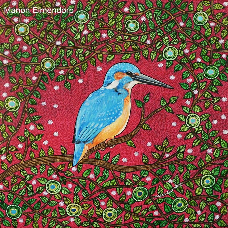 Uniek Handgeschilderd Schilderij Ijsvogel "King Fisher", Ophalen of Verzenden, Gesigneerd, Acrylverf, Dieren
