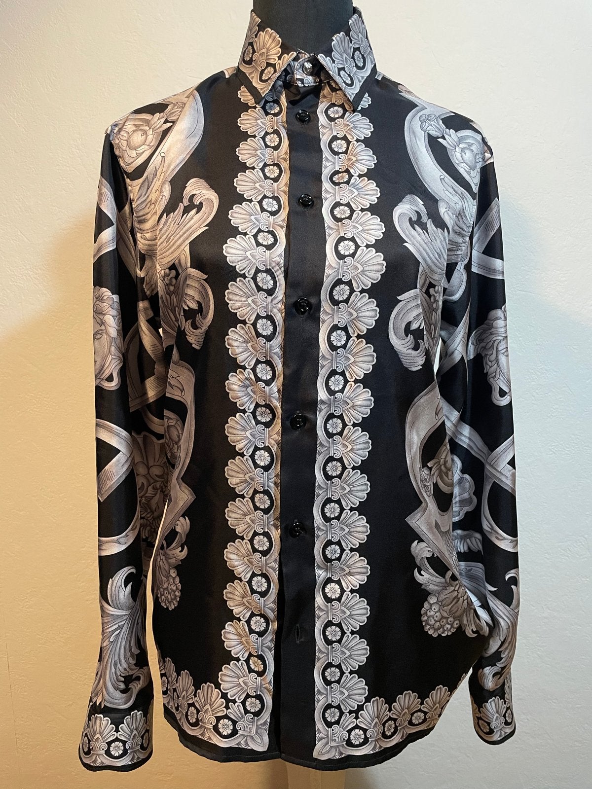 Versace zijden overhemd met Medusa-print, maat XS, Ophalen, Zo goed als nieuw, Zwart, Halswijdte 38 (S) of kleiner