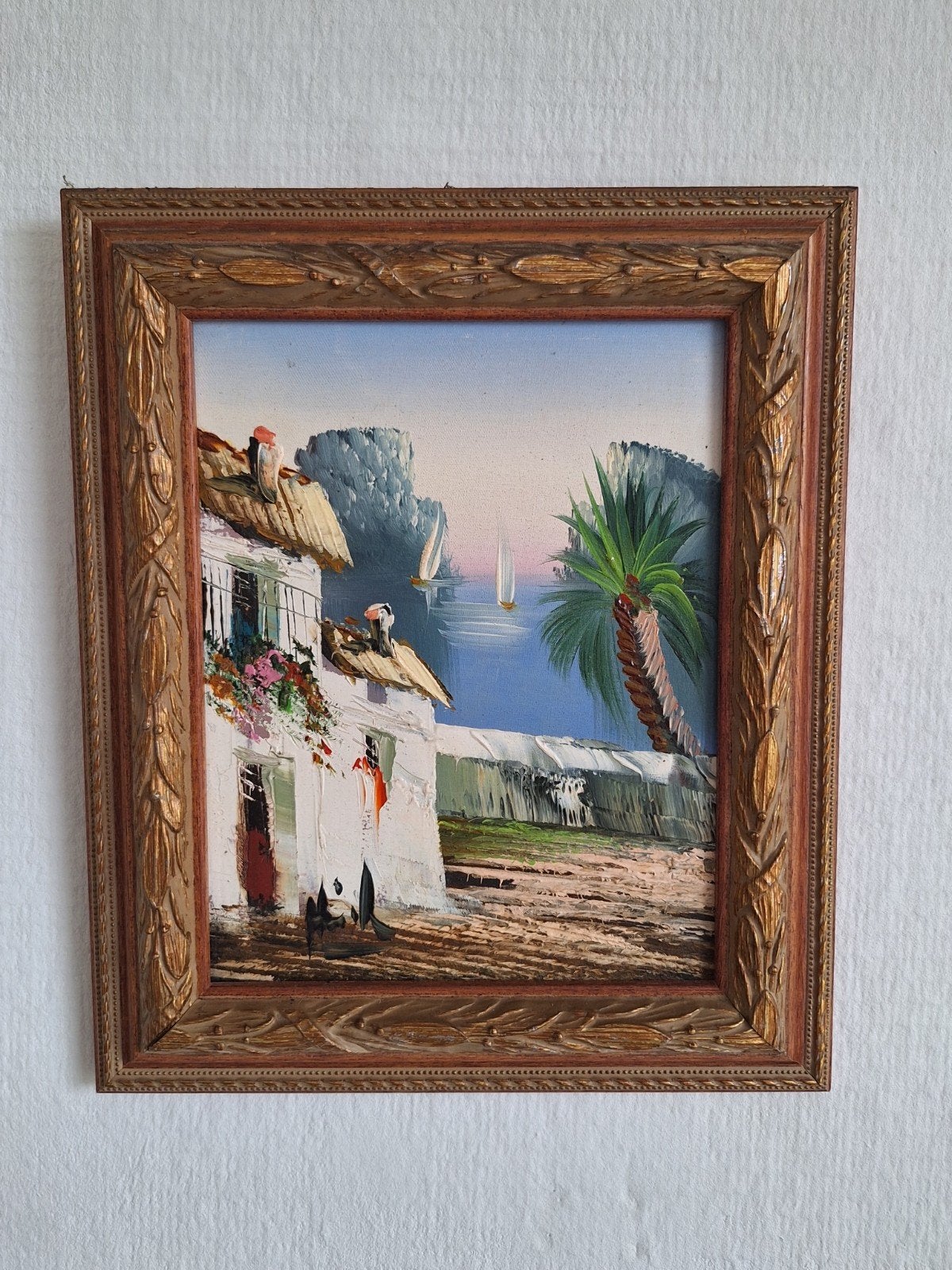 Schilderij op paneel: Mediterraan landschap met huis en zee, Paneel, Realistisch, Ophalen of Verzenden, Olieverf