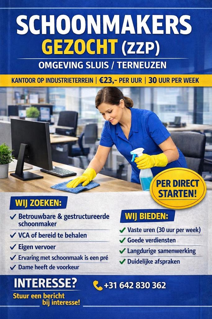 Schoonmakers gezocht ZZP / 30 uur per week, Vacatures, Overige niveaus, Overige vormen